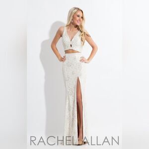 Rachel Allan 6175 High Slit 2 Piece beaded Lace Gown NWT size 8 White